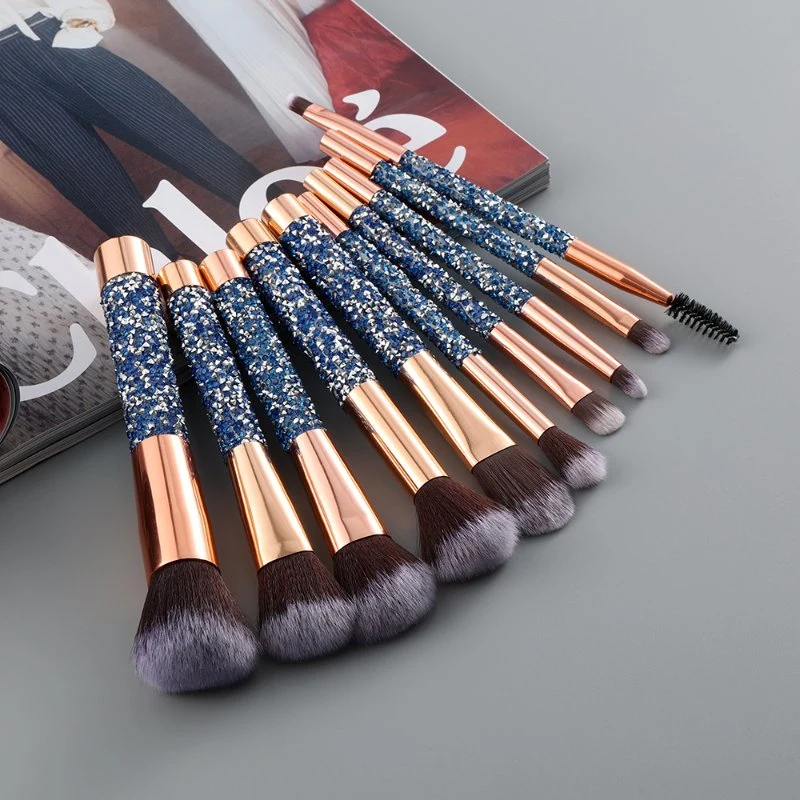 Rose Golden Glitter Handle 10PCS Crystal Diamond Foundation Brush Set with PU Bag Makeup Brushes